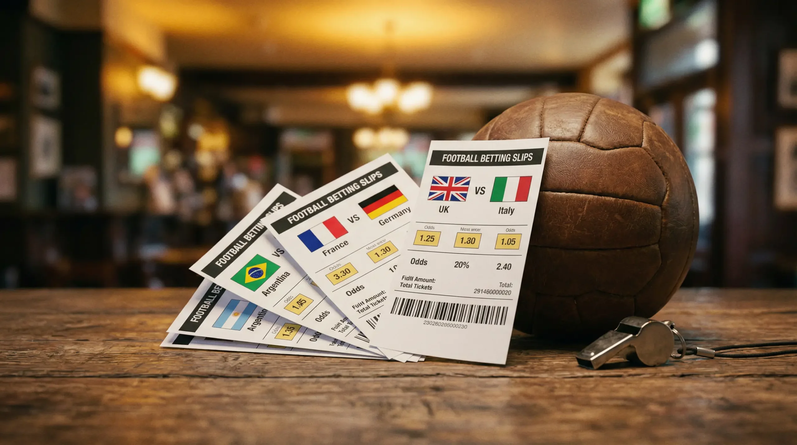 Boleto de apuesta combinada con partidos del Mundial 2026 sobre fondo de estadio de fútbol