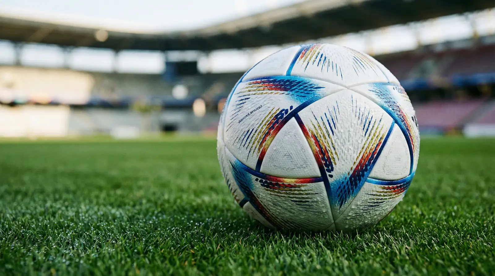 Balón oficial de fútbol sobre el césped de un estadio profesional durante el Mundial