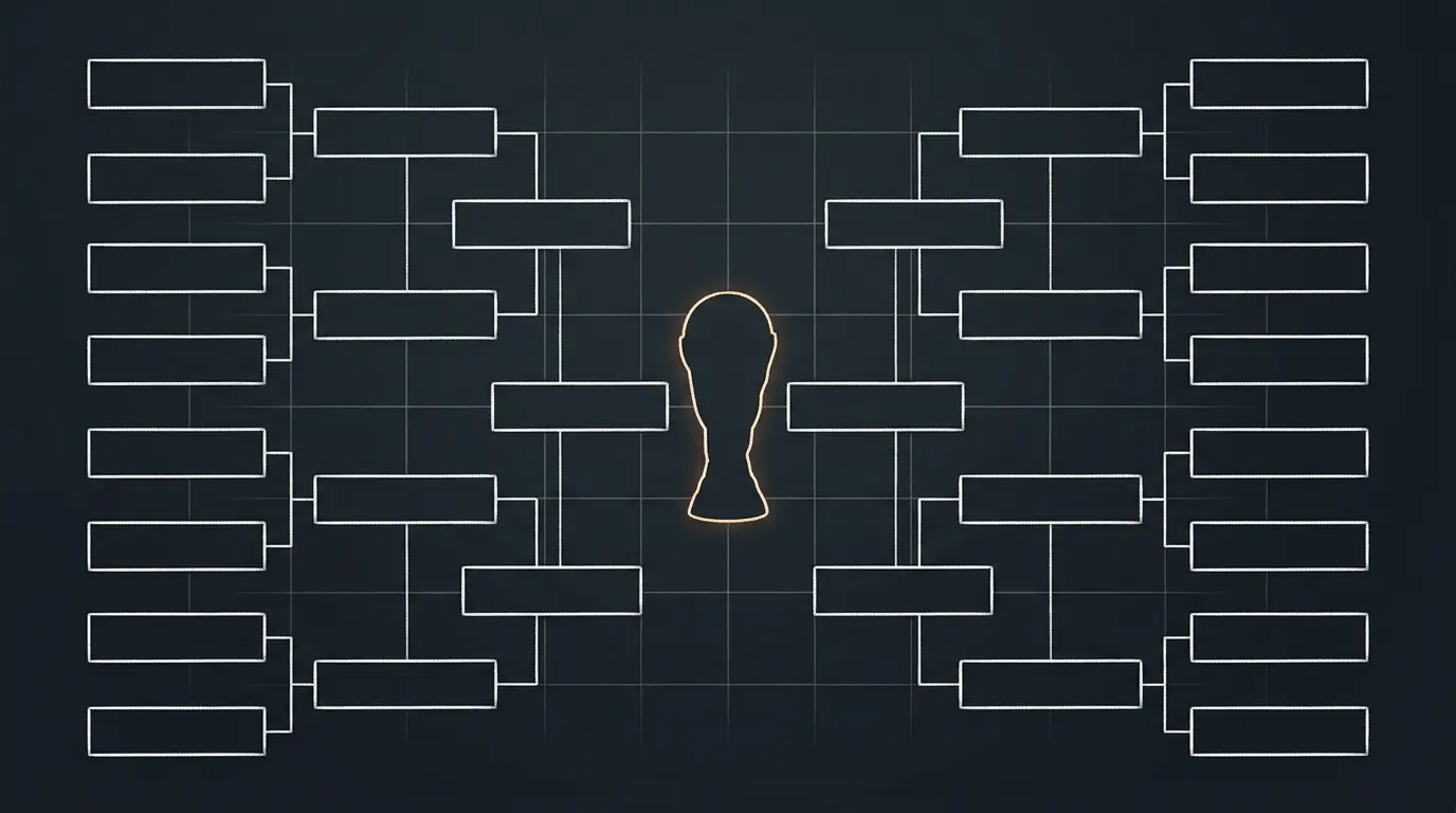 Pizarra táctica esquemática mostrando un bracket de eliminación directa de un torneo de fútbol con casillas vacías estilizadas