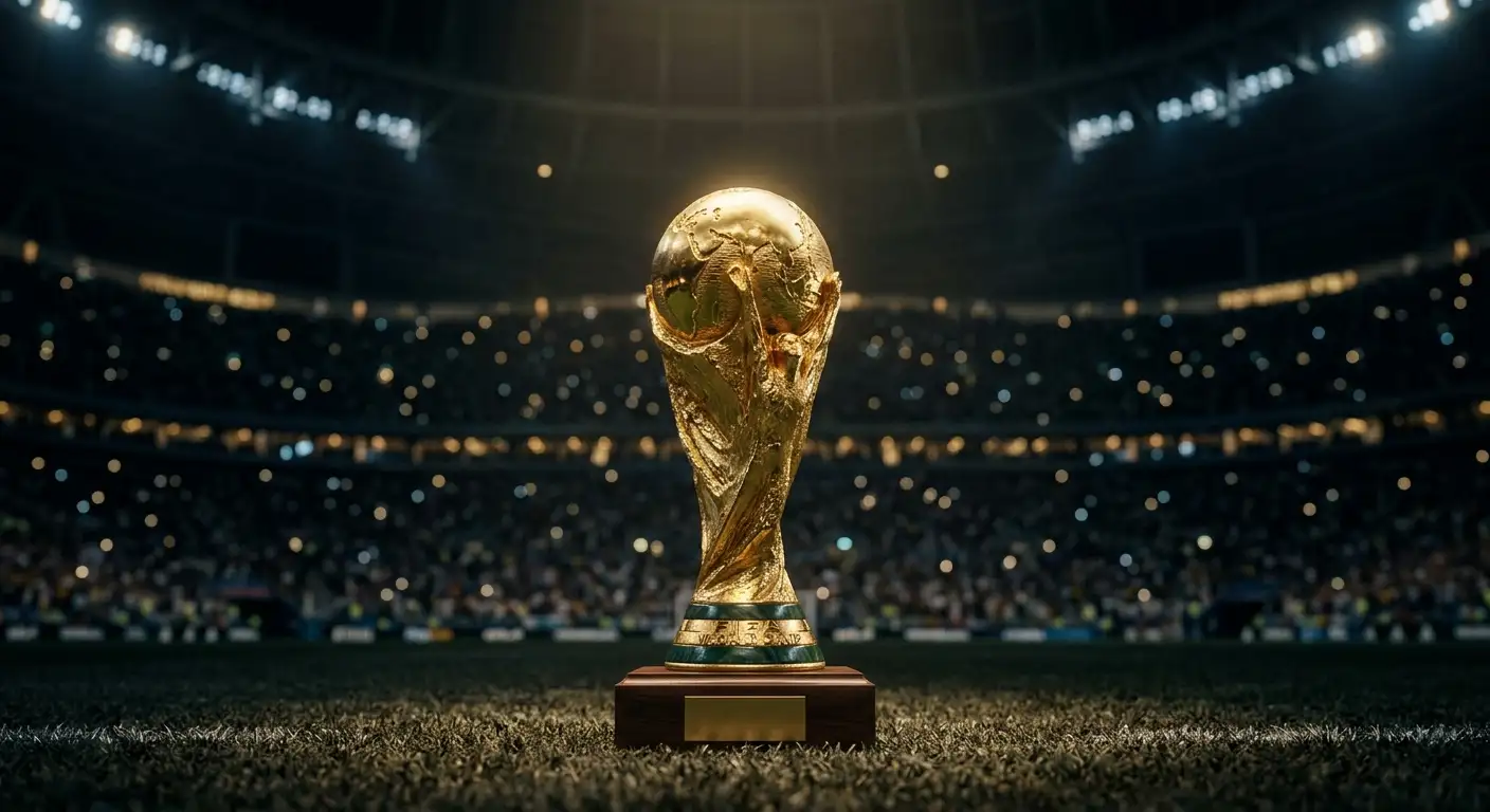 Trofeo dorado de fútbol iluminado sobre un fondo oscuro de estadio, simbolizando la carrera por el título del Mundial 2026