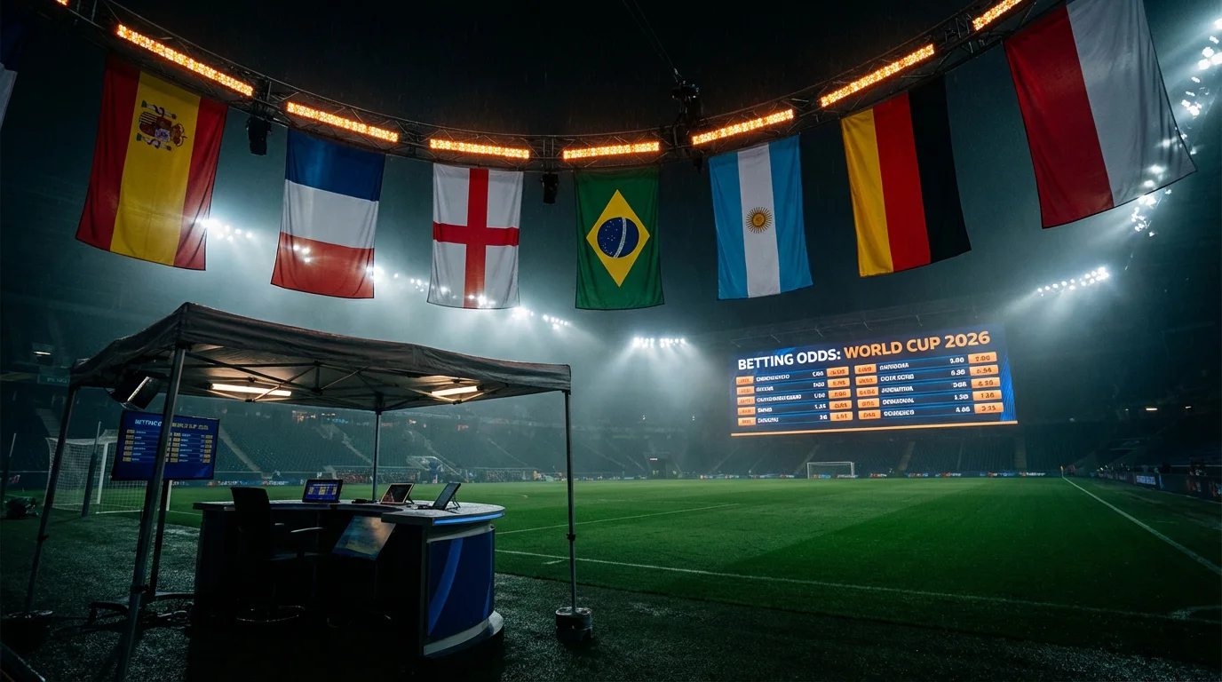 Análisis de cuotas al campeón del Mundial 2026 con banderas de los principales favoritos sobre fondo de estadio