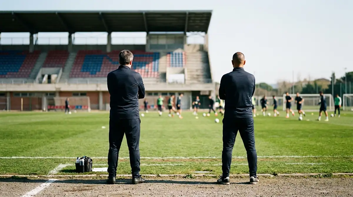 Dos entrenadores de fútbol con ropa deportiva de pie en las bandas de un campo, de espaldas, observando el entrenamiento bajo un cielo despejado