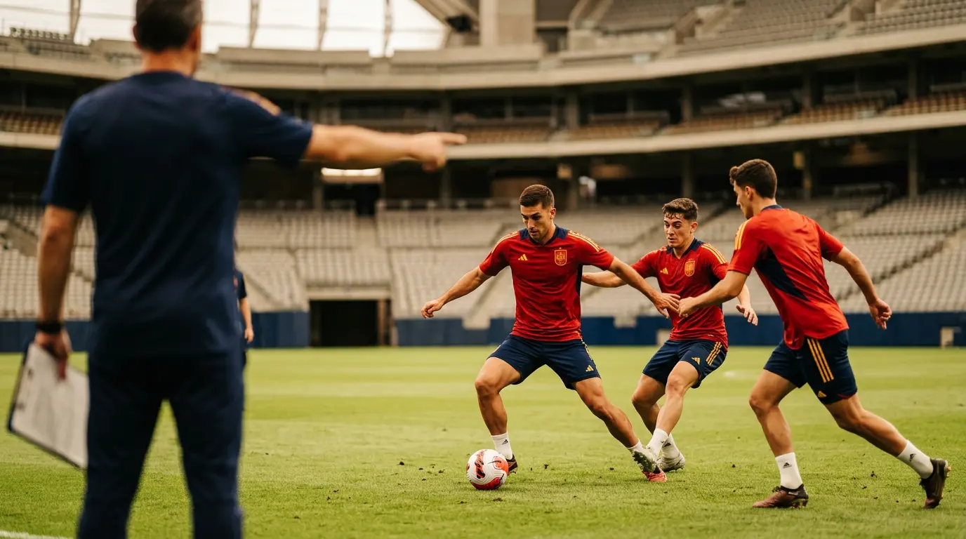 Jugadores de la selección española de fútbol durante un entrenamiento previo a los dieciseisavos del Mundial 2026 en un estadio estadounidense