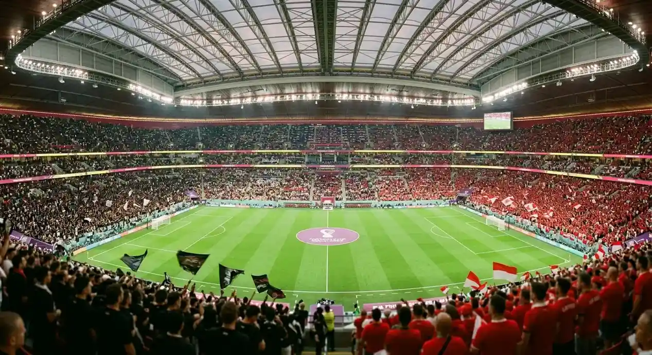 Ambiente previo a un partido de cuartos de final en un estadio con techo fijo, con aficionados de rojo y negro llenando las gradas