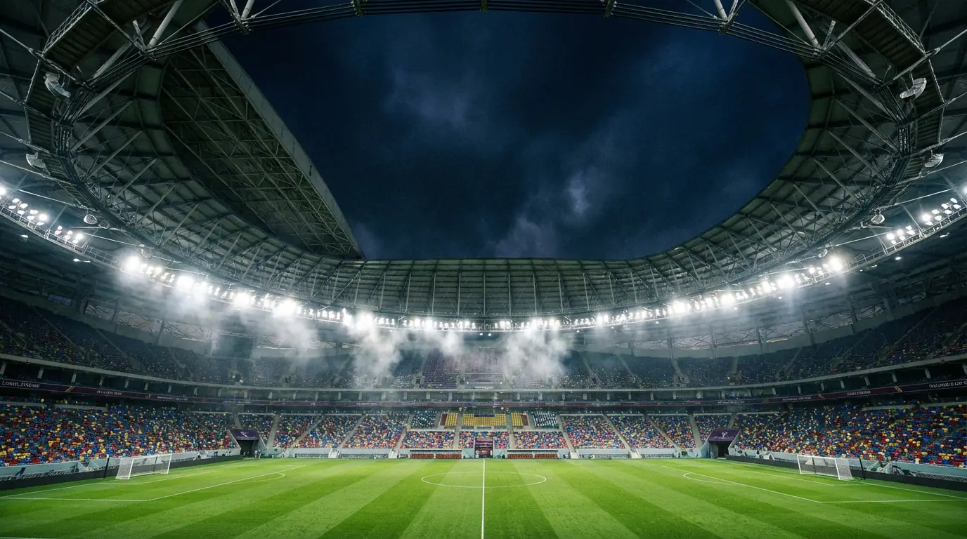 Estadio de fútbol iluminado de noche con los focos encendidos preparado para un partido del Mundial