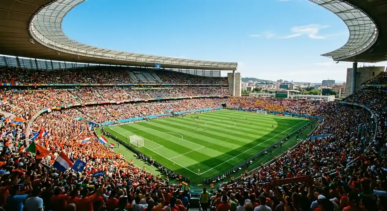 Vista de un estadio al aire libre bajo cielo azul con gradas llenas de aficionados antes de un partido de cuartos de final del Mundial