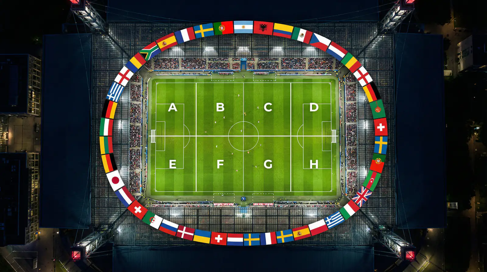 Diagrama visual de los 12 grupos del Mundial 2026 con las banderas de las 48 selecciones participantes