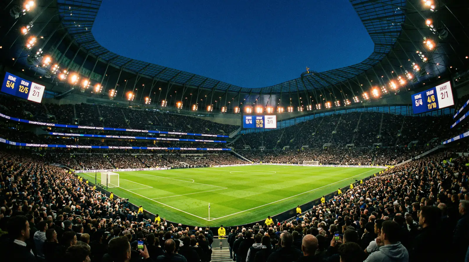 Estadio de fútbol iluminado con pantallas mostrando cuotas de apuestas para el Mundial 2026