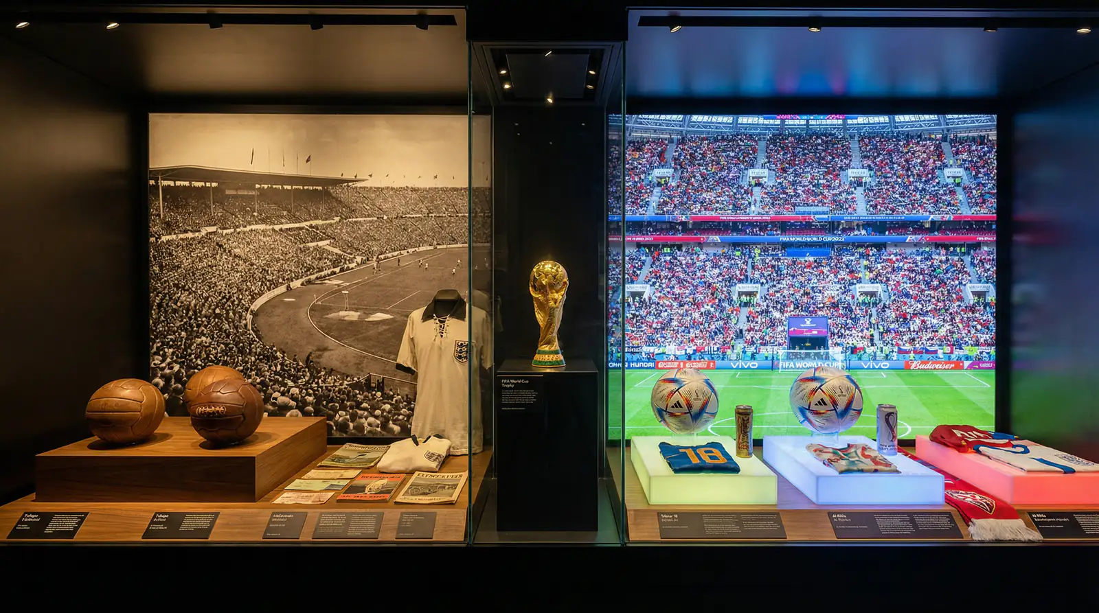 Evolución histórica de los Mundiales de fútbol desde 1930 hasta 2026 con trofeos y momentos icónicos