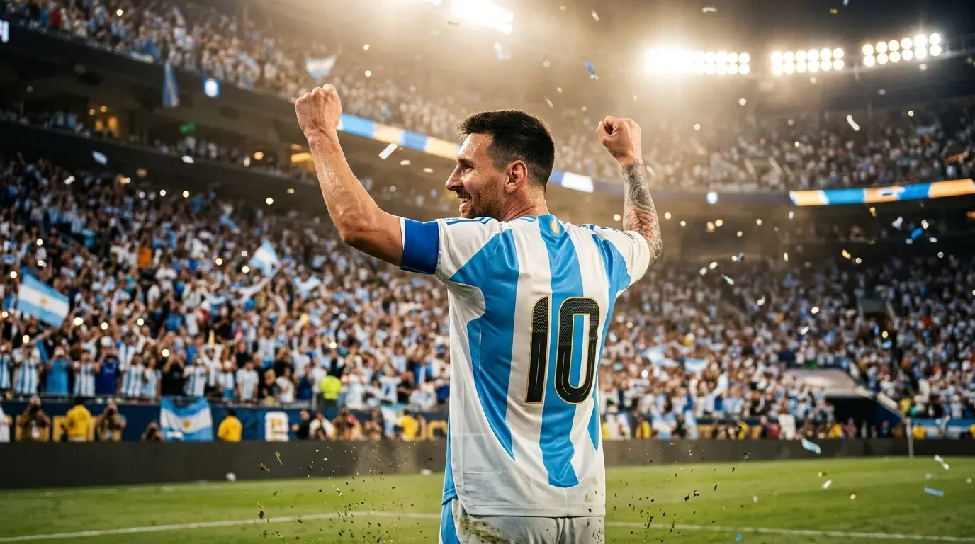 Lionel Messi con la camiseta de Argentina alza los brazos celebrando un gol histórico en el Mundial 2026