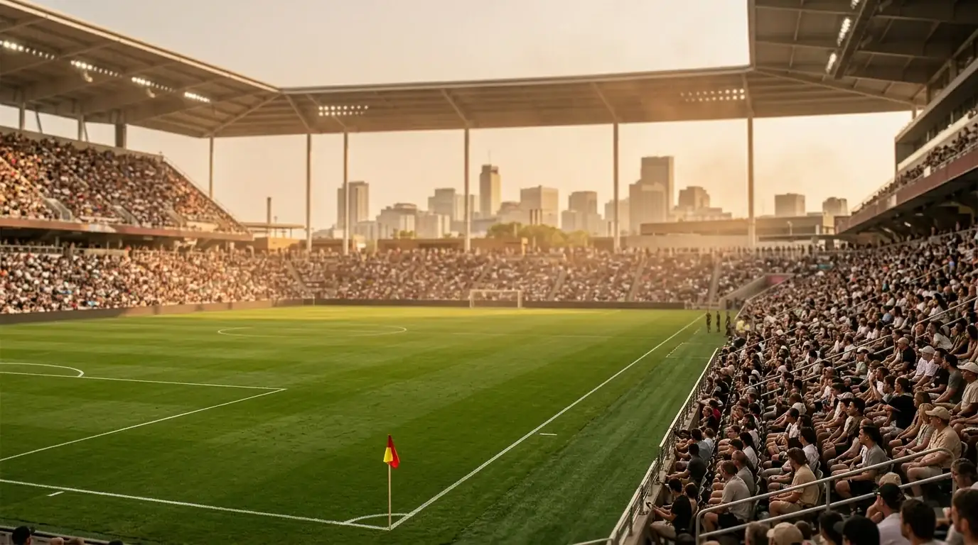 Ambiente de un estadio de fútbol al aire libre en Toronto durante la tarde-noche antes de un dieciseisavo del Mundial 2026, con las gradas llenándose bajo un cielo cálido de verano
