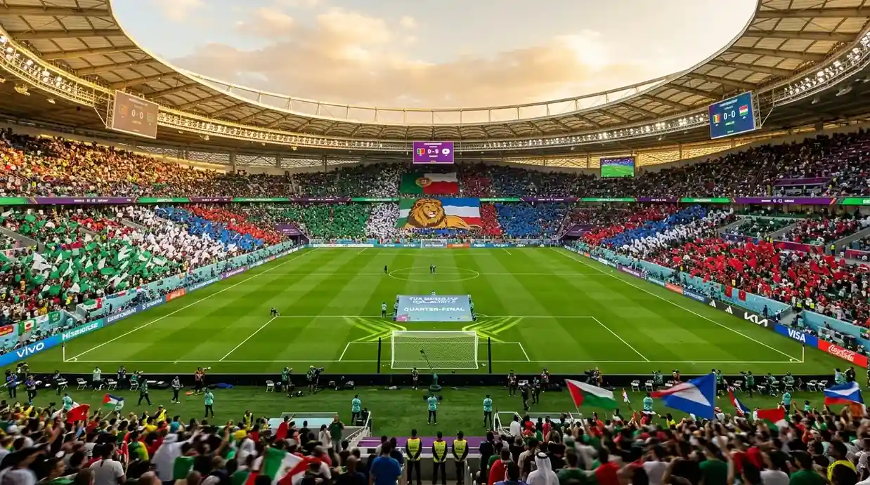 Vista panorámica de un estadio de fútbol moderno preparado para un partido de cuartos de final del Mundial, con el césped impecable y las gradas coloreadas
