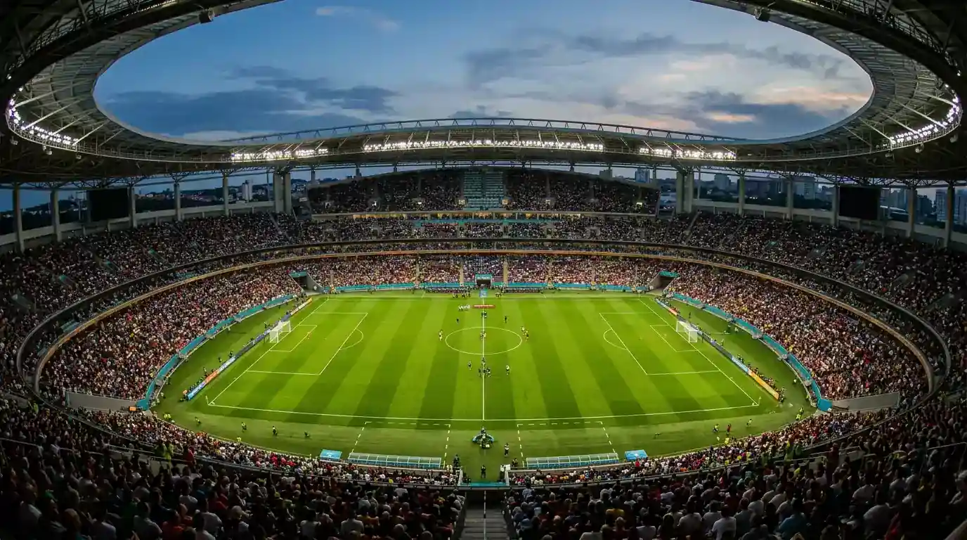 Vista panorámica de un estadio de fútbol lleno antes de un partido de eliminatoria del Mundial 2026, con el césped iluminado y las gradas al completo