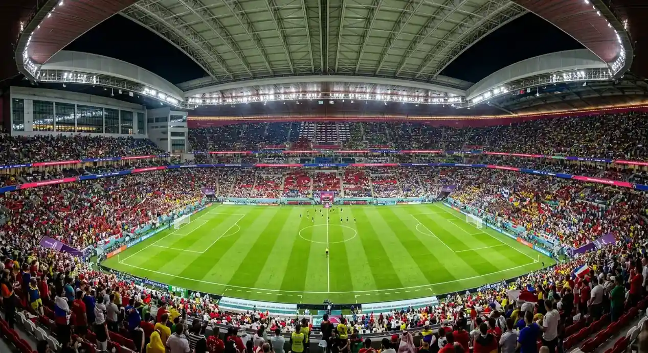 Vista panorámica de un estadio de fútbol de techo retráctil preparado para una semifinal del Mundial, con el césped impecable y las gradas llenas