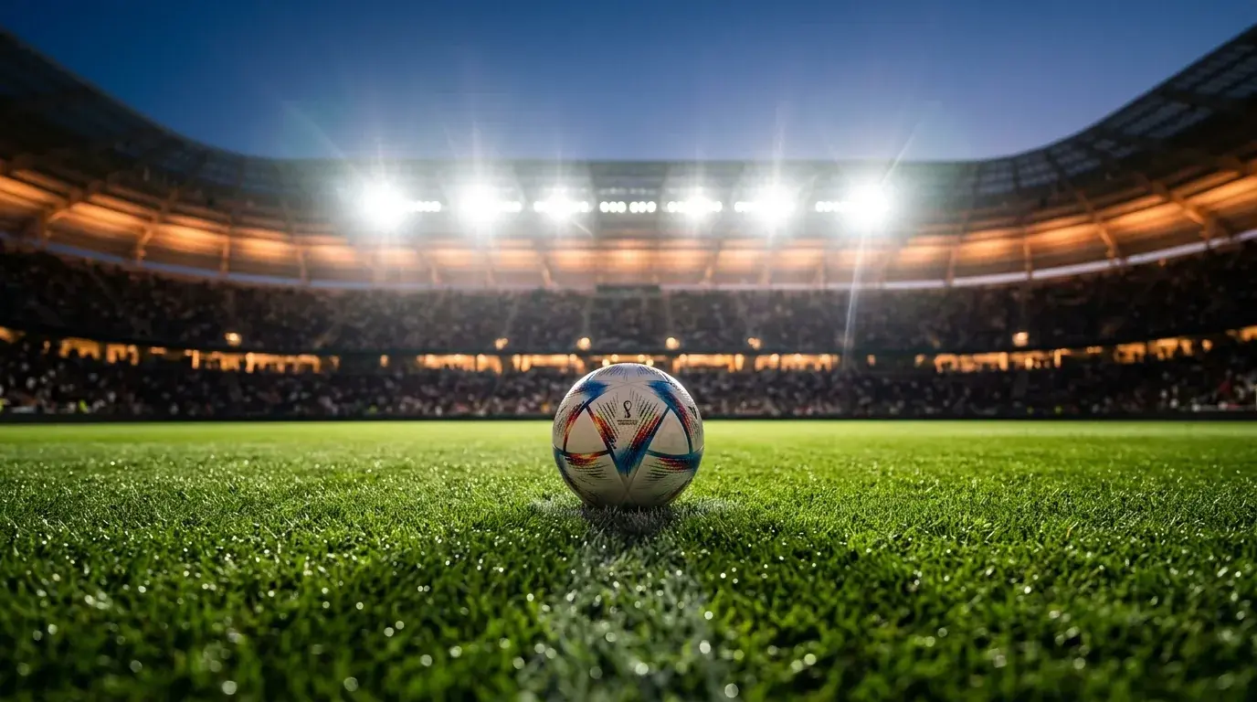 Estadio iluminado del Mundial 2026 con un balón de fútbol oficial sobre el centro del campo