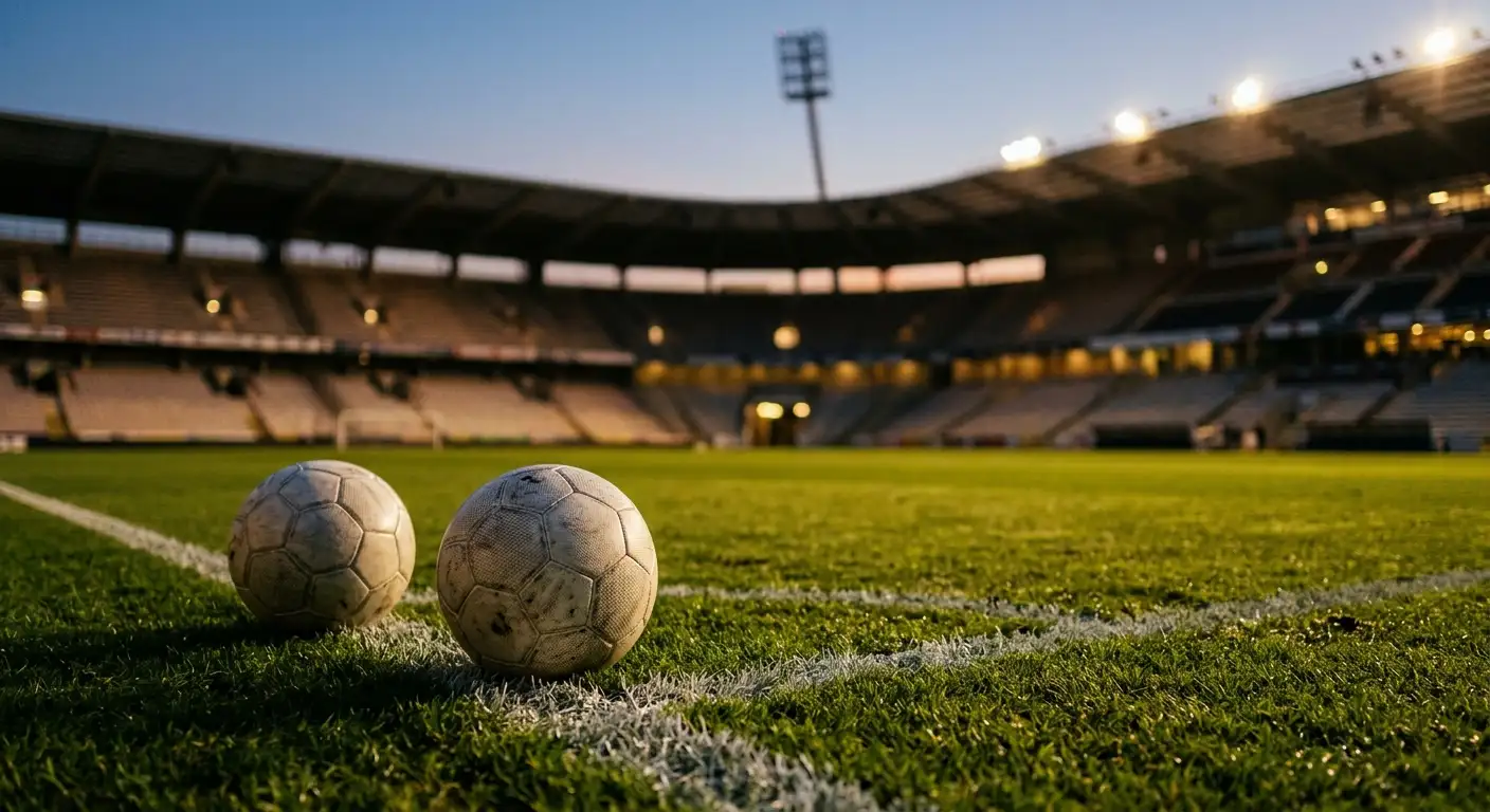 Dos balones de fútbol sobre el césped iluminado de un estadio al atardecer, simbolizando los dos octavos del 6 de julio del Mundial 2026