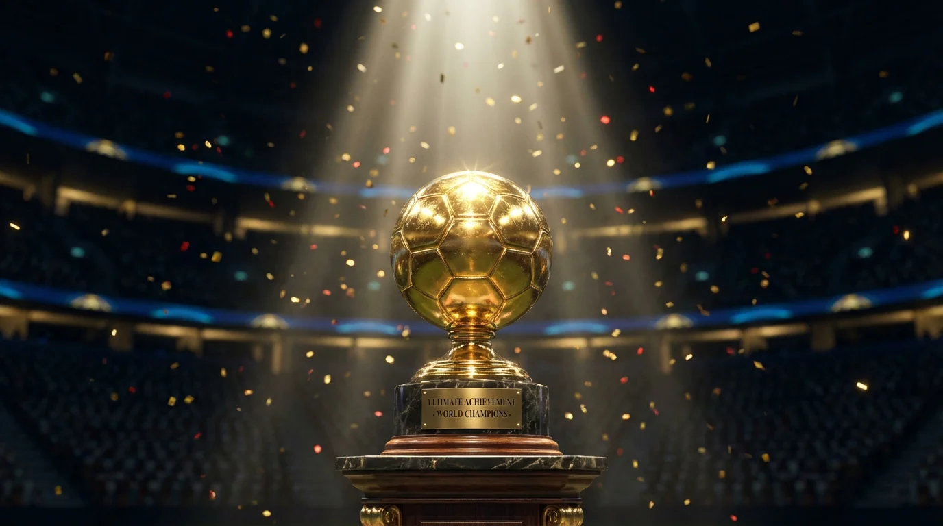 Trofeo de la Copa del Mundo FIFA con las banderas de Francia y España como principales candidatas