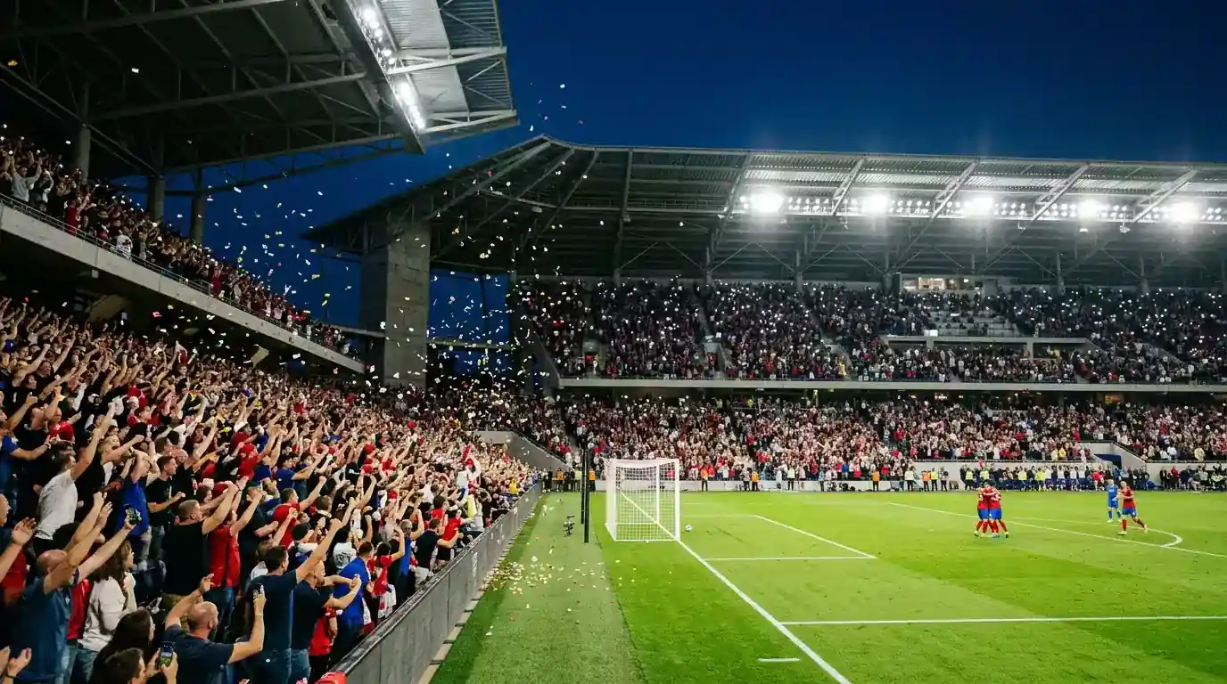 Aficionados en las gradas de un estadio estadounidense celebrando un gol en el tiempo añadido durante un dieciseisavo del Mundial 2026, con la noche cayendo sobre el campo iluminado