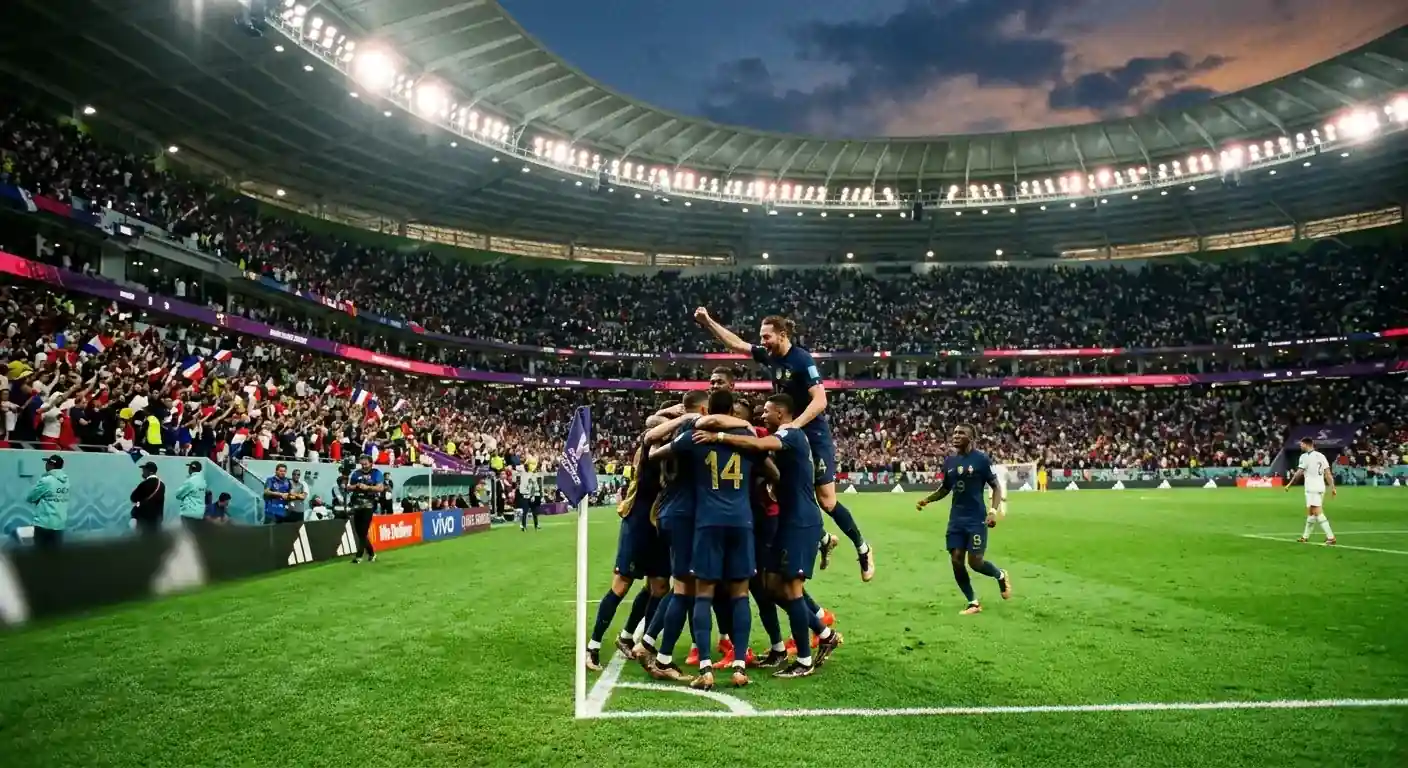 Jugadores celebrando un gol decisivo en la prórroga de un partido de cuartos de final del Mundial, con las gradas iluminadas al anochecer