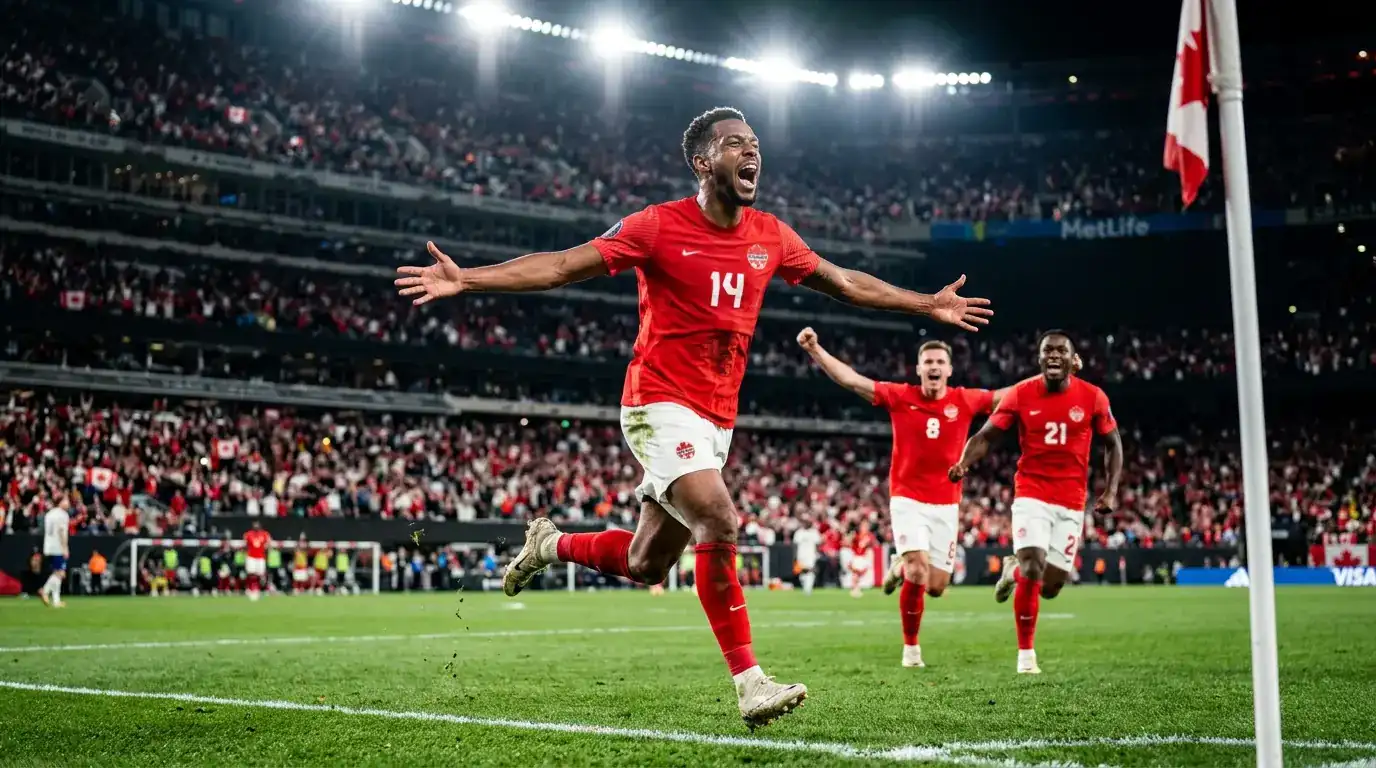 Jugadores de la selección canadiense de fútbol celebrando un gol en el césped de un estadio estadounidense durante el Mundial 2026