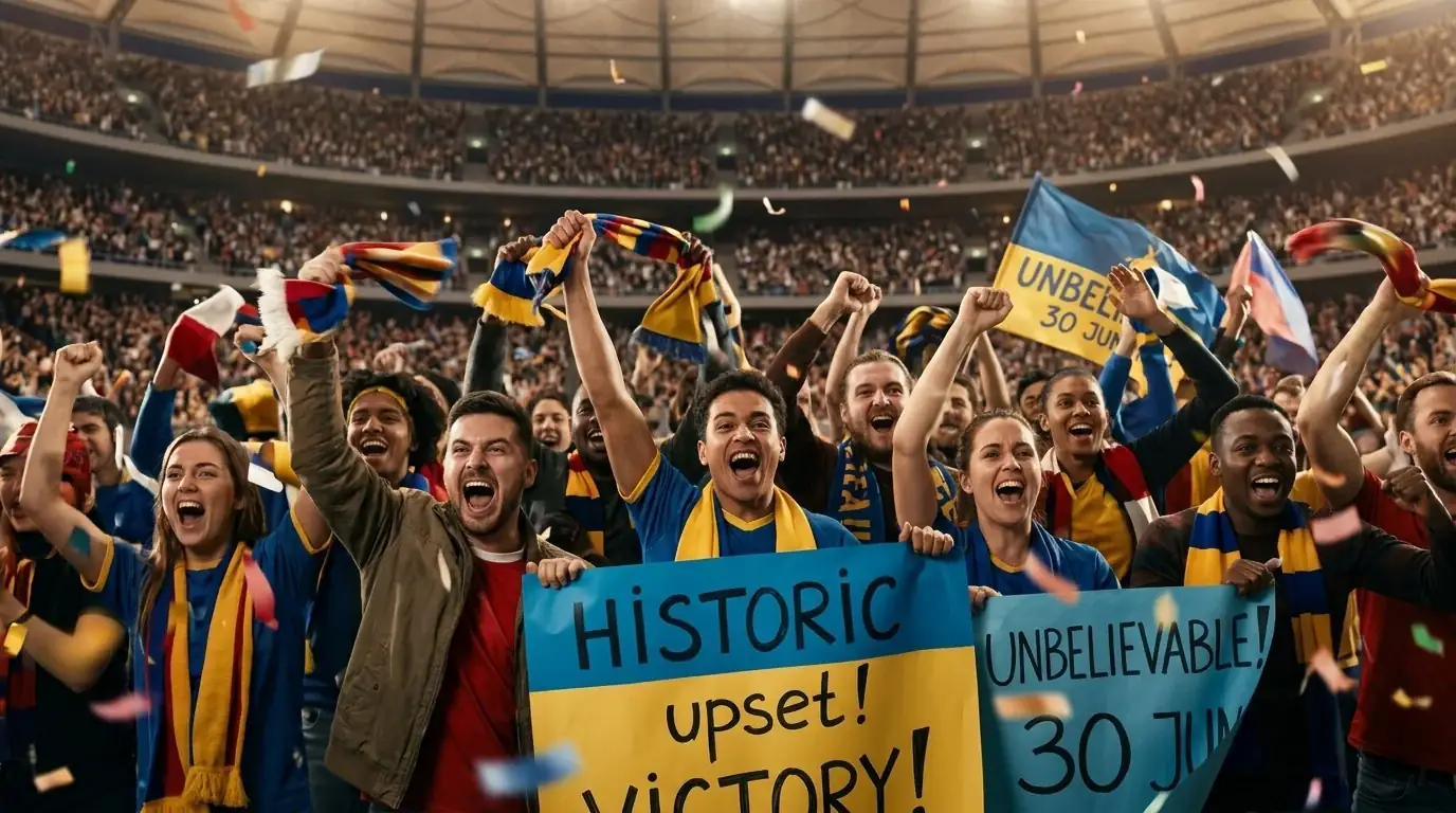 Aficionados de una selección modesta celebrando en las gradas de un estadio estadounidense una victoria histórica en los dieciseisavos del Mundial 2026