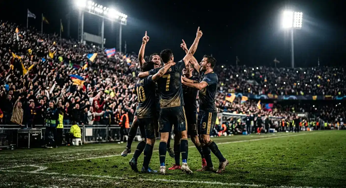 Jugadores de fútbol celebrando una remontada épica en un estadio lleno, con aficionados eufóricos al fondo bajo los focos nocturnos