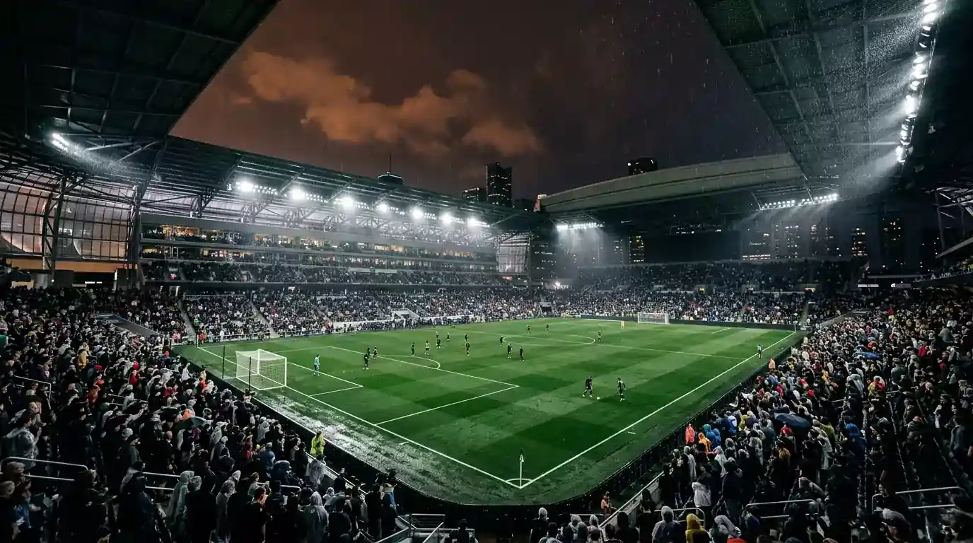 Estadio con techo retráctil de una ciudad norteamericana durante una noche de verano, con el césped iluminado antes de un partido de eliminatoria del Mundial 2026